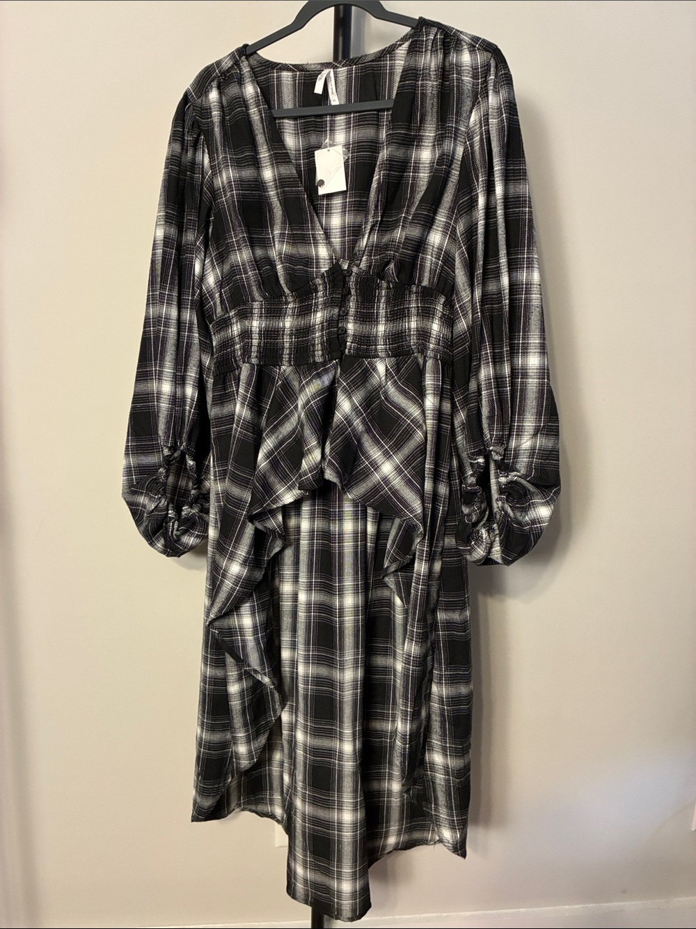 New! Truth Duster Flannel KimonoTop Black White Plaid High-Low Smock Waist XL
